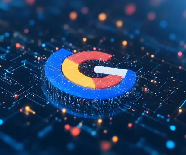 Imagem digital futurista mostrando a logo do Google com efeitos de luzes coloridas da cor da marca em um fundo tecnológico, representando inovação avançada.