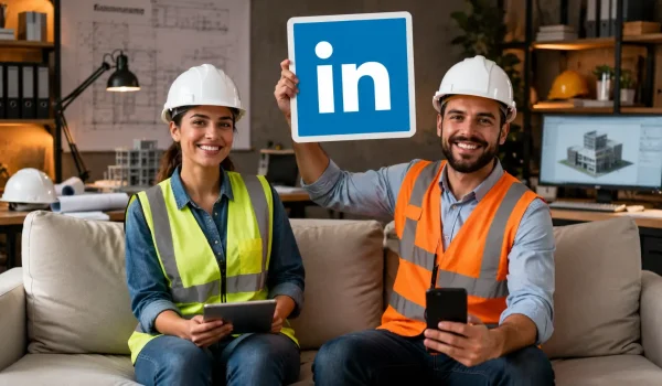 Imagem gerada por inteligência artificial de dois profissionais de engenharia sentados no sofá do escritório da empresa de construção civil onde trabalham, com o homem segurando a logo do LinkedIn entre os dois.
