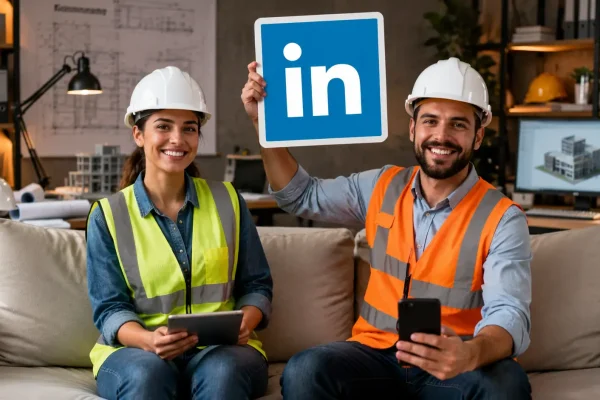 Imagem gerada por inteligência artificial de dois profissionais de engenharia sentados no sofá do escritório da empresa de construção civil onde trabalham, com o homem segurando a logo do LinkedIn entre os dois.