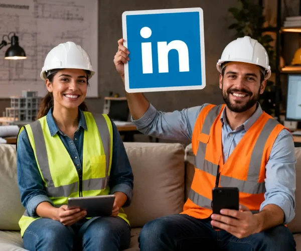 Imagem gerada por inteligência artificial de dois profissionais de engenharia sentados no sofá do escritório da empresa de construção civil onde trabalham, com o homem segurando a logo do LinkedIn entre os dois.