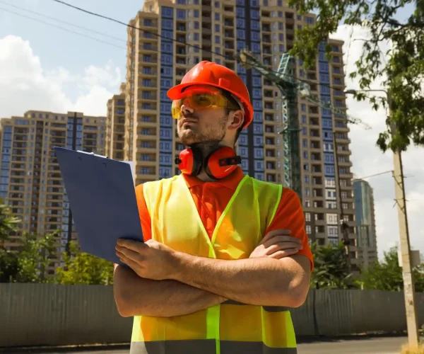 Engenheiro de construção civil com capacete e colete em obra de prédio residencial, analisando projeto com prédios altos ao fundo.