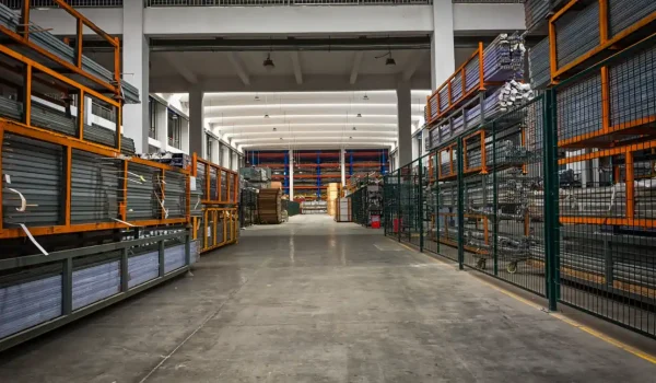 Foto de um corredor de galpão industrial com prateleiras metálicas altas, estruturas pintadas em laranja e cinza, grades de segurança e piso de concreto, visto em perspectiva.