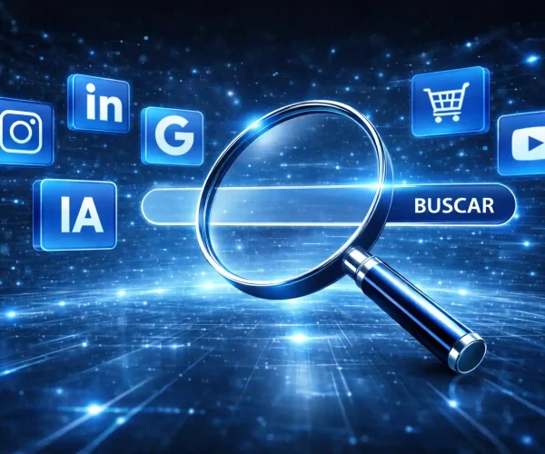 Imagem gerada por inteligência artificial de uma lupa digitalizada na frente de uma barra de busca com ícones representando redes sociais, IA e marketplaces ao redor, ilustrando o conceito de Search Everywhere Optimization, o novo SEO.