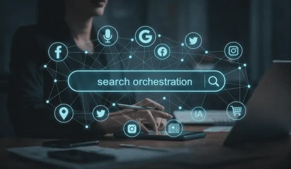 Imagem gerada por inteligência artificial de uma mulher de negócios fazendo uma busca em um escritório moderno, com destaque para uma barra de busca digital com diversos ícones de redes sociais, marketplaces, voz e IA integrados, representando o conceito de Search Orquestration (Orquestração das Buscas).