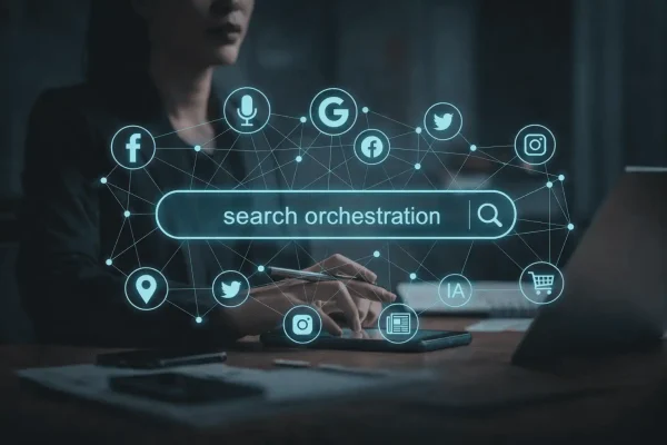 Imagem gerada por inteligência artificial de uma mulher de negócios fazendo uma busca em um escritório moderno, com destaque para uma barra de busca digital com diversos ícones de redes sociais, marketplaces, voz e IA integrados, representando o conceito de Search Orquestration (Orquestração das Buscas).