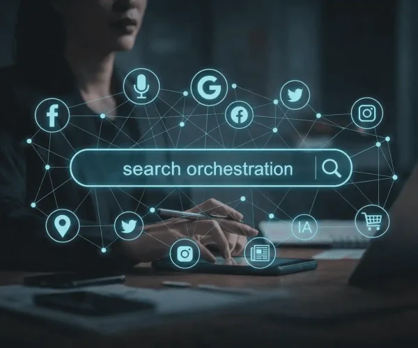 Imagem gerada por inteligência artificial de uma mulher de negócios fazendo uma busca em um escritório moderno, com destaque para uma barra de busca digital com diversos ícones de redes sociais, marketplaces, voz e IA integrados, representando o conceito de Search Orquestration (Orquestração das Buscas).