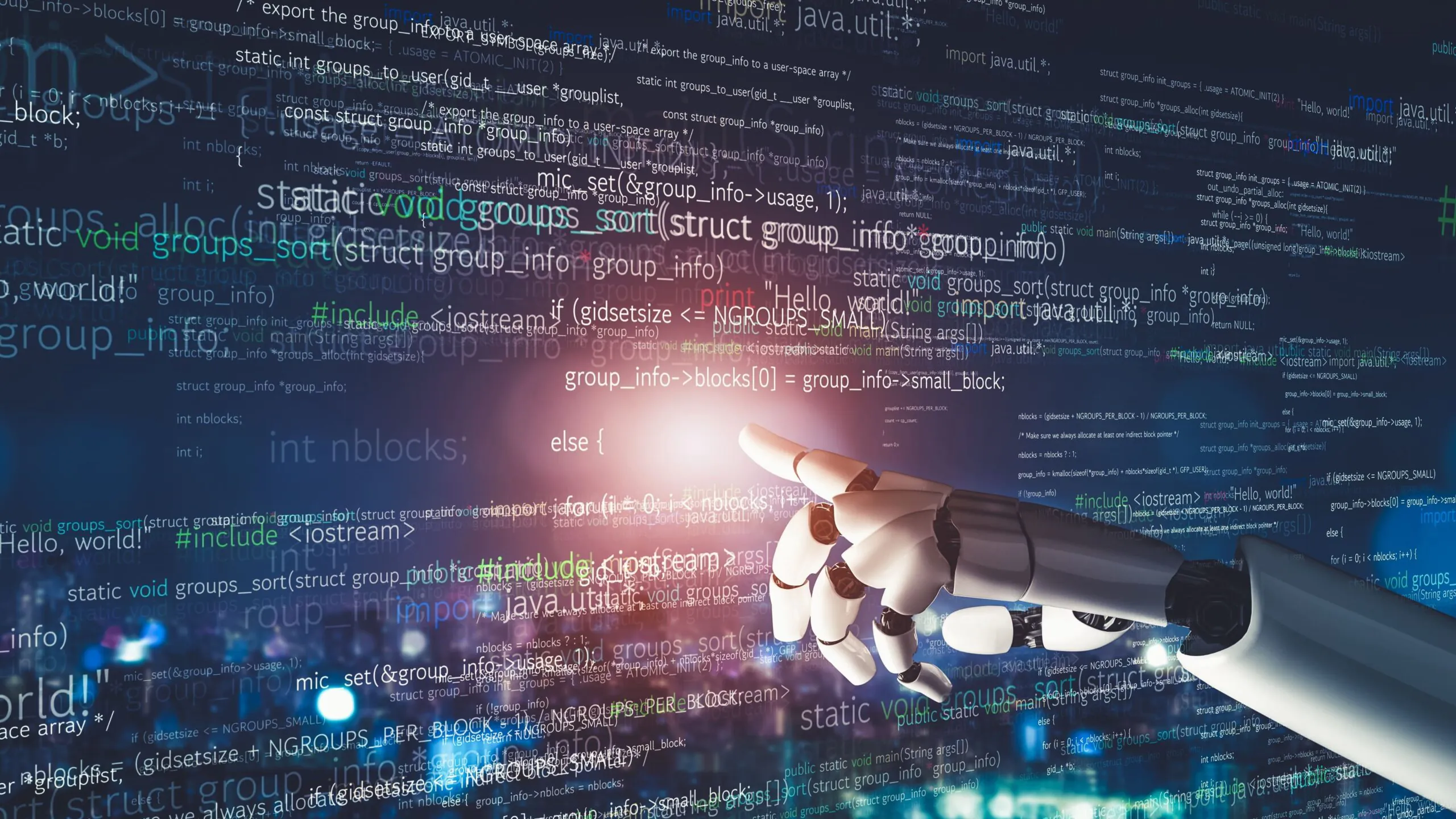 Ilustração digital 3D de uma mão robótica interagindo com uma tela cheia de códigos, representando a atuação da IA no algoritmo do Google.
